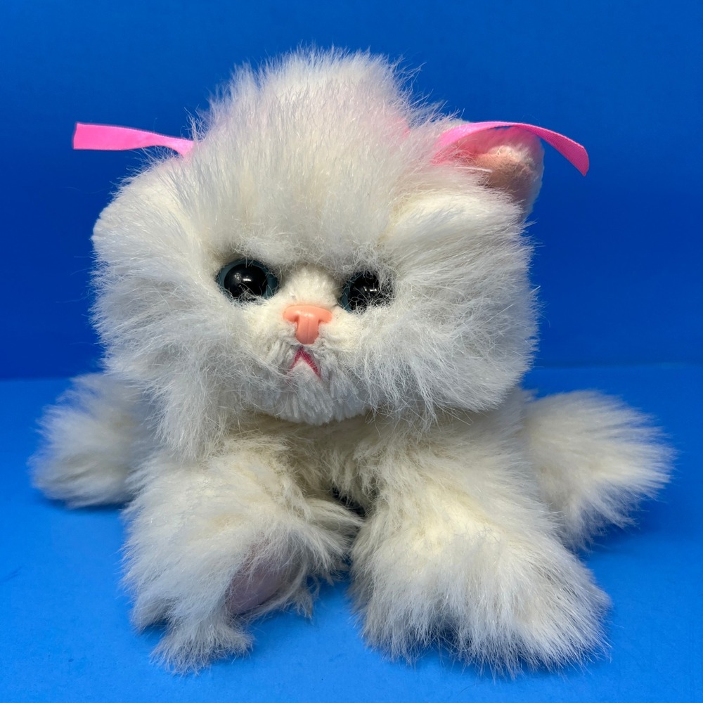 Unbranded Plush Cat Small White Pink Ribbons Blue Eyes Long Hair Kitten